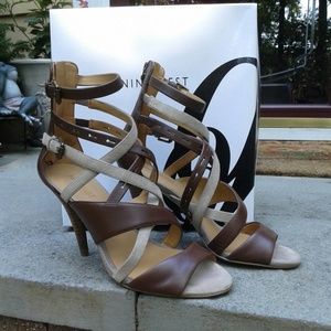 Nine West Luigi Sandal Strappy Brown Leather Heels